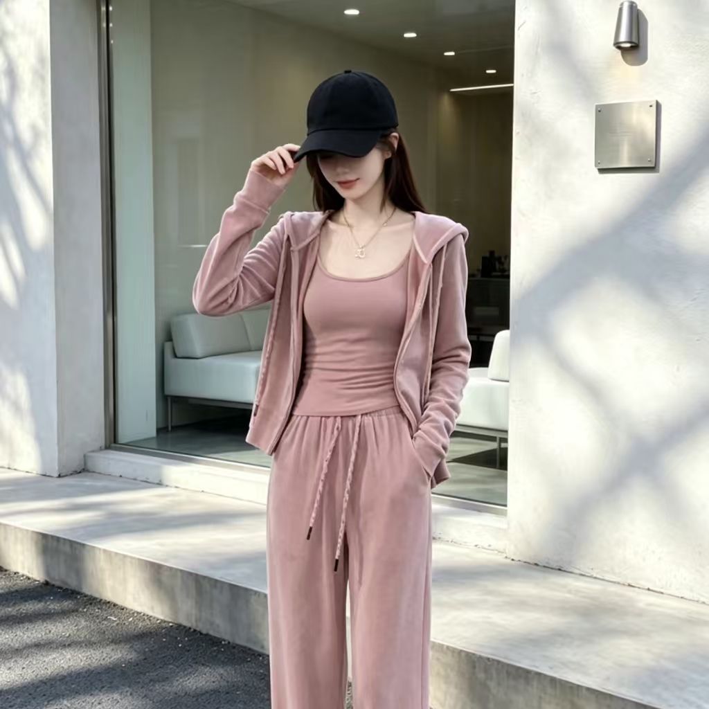 BY31961# 高级感老钱风春秋时尚休闲套装女连帽卫衣吊带长裤三件套 服裝批發女裝批發服飾貨源