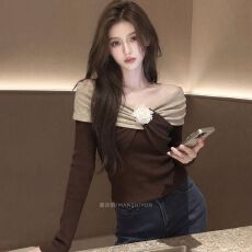 批发春季复古撞色拼接扭结v领打底女内搭修身显瘦立体<b class='q'>花朵</b>上衣