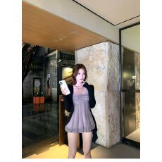 批发纯欲风网纱拼接褶皱吊带背心女夏季显瘦<b class='q'>黑色</b>开衫两件套