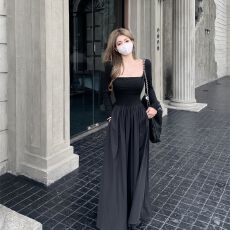 批发假两件方领长袖<b class='q'>修身</b><b class='q'>连衣裙</b>女春秋新款收腰a字裙子气质中长裙