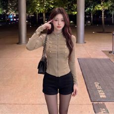 批发韩版气质立领重工拉链<b class='q'>修身</b>长袖开衫女上衣