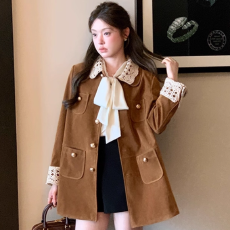 批发杨<b class='q'>小</b>卷 MIU系复古翻领中长款麂皮/丝绒外套工装风衣女 美拉德穿搭