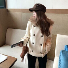 批发AFFFREEDOM毛领双排扣短款毛呢羊毛大衣连帽外套女收腰秋<b class='q'>冬</b>加厚
