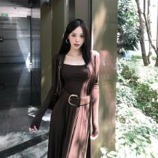 批发【送同款腰带】纯欲风V领初秋<b class='q'>连衣裙</b>高腰大摆修身百搭收腰