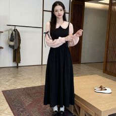 批发2026秋季韩系减龄设计感假两件撞色<b class='q'>连衣裙</b>百搭洋气中长裙