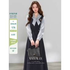 批发春知喜法式复古学院风假两件条纹<b class='q'>拼接</b><b class='q'>连衣裙</b>女早秋季高级感a字裙