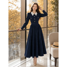 批发复古收腰灯芯绒连衣裙女2026春秋新款洋气蕾丝拼接娃娃领A字长裙