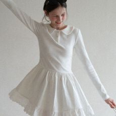 批发甜美蕾丝拼接针织白色<b class='q'>连衣裙</b>收腰显瘦<b class='q'>娃娃领</b>女春秋季新款A字短裙