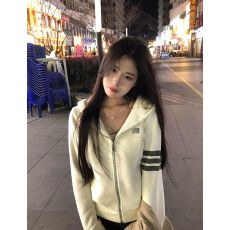 美式复古白色华夫格连帽长袖卫衣外套女秋季宽松百搭上衣