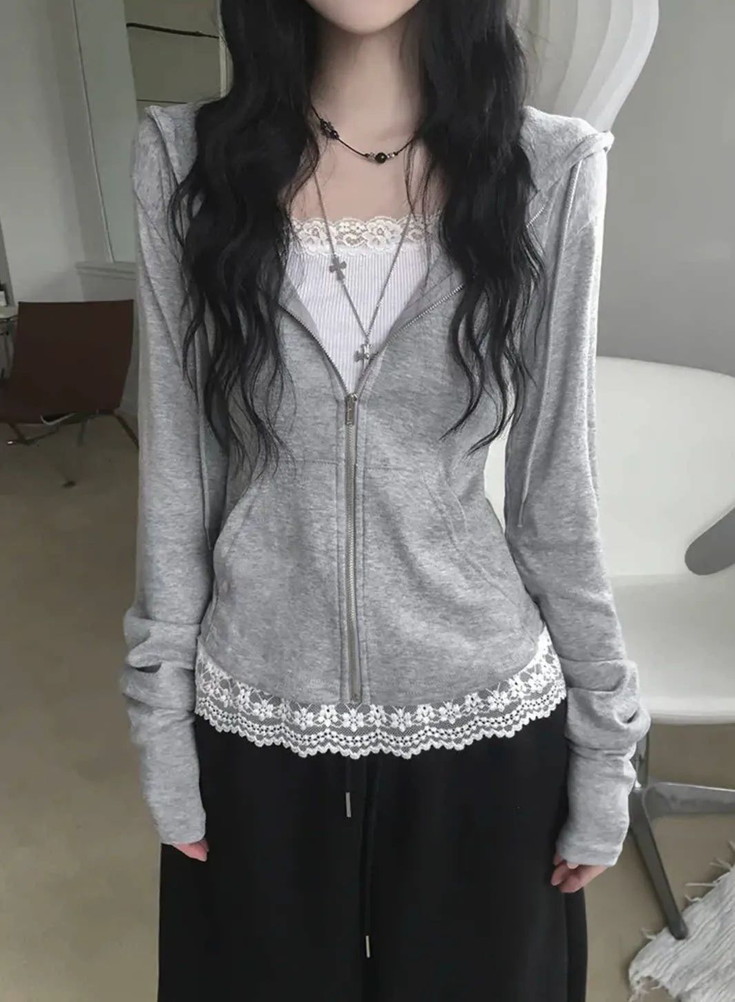小众早秋韩系灰色连帽修身卫衣外套上衣 服裝批發女裝批發服飾貨源