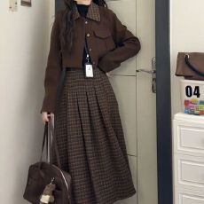 批发高级感富家千金小洋装套装韩系短款外套女打底衫格子<b class='q'>半身裙</b>二件套