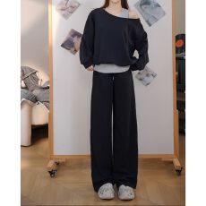 批发2026年<b class='q'>春</b>秋新款斜肩假两件卫衣+休闲阔腿裤套装女轻熟风两件套潮