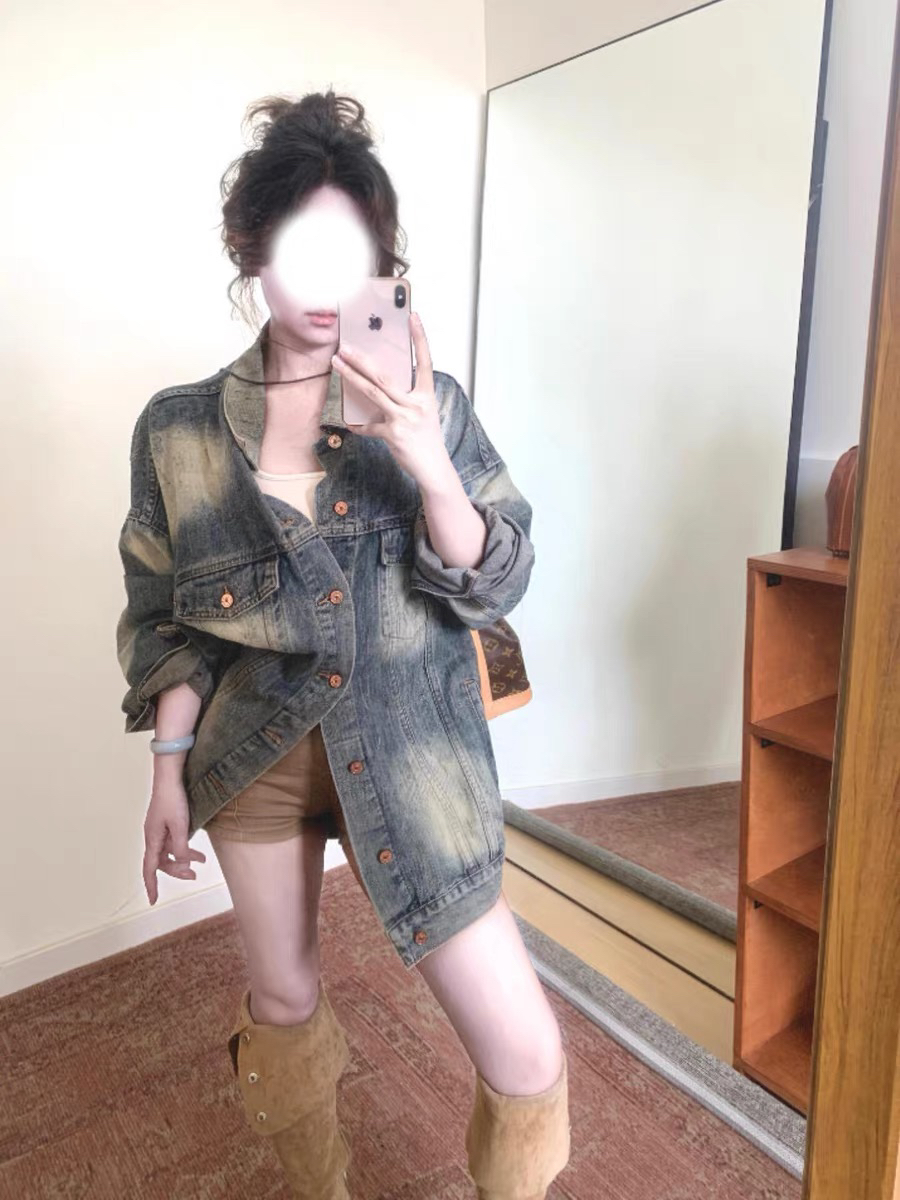 BY37220# 美式复古水洗做旧牛仔外套女春季新款设计感小众收腰显瘦宽松夹克 服裝批發女裝批發服飾貨源