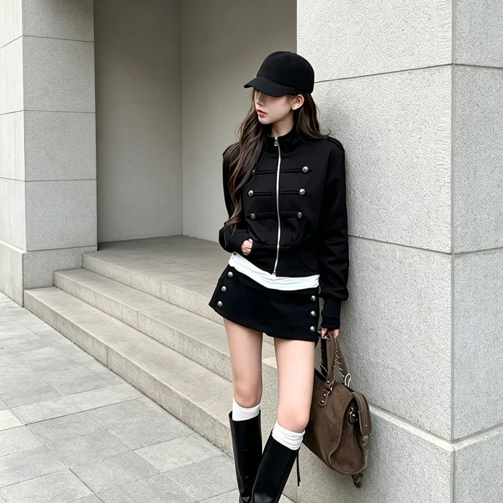 BY37217# 复古辣妹立领双排扣短款收腰上衣+高腰双排扣短裙女早秋套装 服裝批發女裝批發服飾貨源