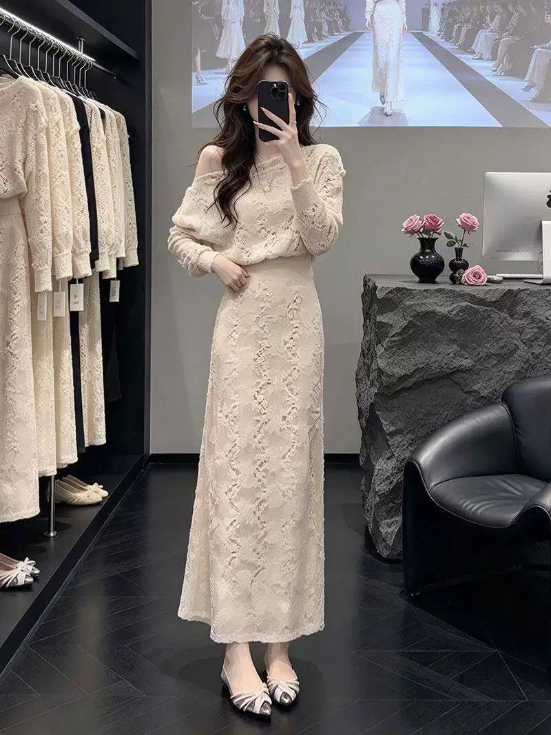 BY37442# 纯欲风蕾丝收腰显瘦长袖连衣裙女装秋冬新款小香风气质修身包臀裙  服裝批發女裝批發服飾貨源