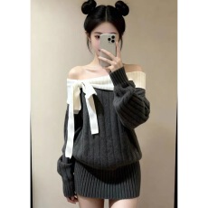 批发法式<b class='q'>一字肩</b>蝴蝶结系带长袖针织连衣裙女秋冬季修身露肩毛衣短裙子