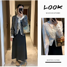 批发冬季一整套<b class='q'>女装</b>2025新款韩版短款针织开衫蕾丝衬衫半身裙三件套装