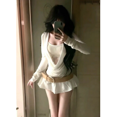 批发法式上衣女秋性感堆堆领设计感修身纯欲风打底衫高腰短裙两件套