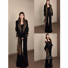 批发韩系千金风蝙蝠袖毛领针织外套搭显瘦喇叭裤女套装