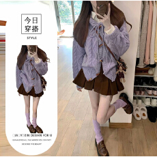 批发韩系慵懒风穿搭一整套秋冬季麻花牛角扣连帽毛衣高腰a<b class='q'>字</b>裙两件套