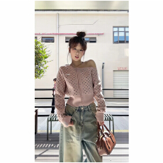 批发点针织开衫女秋季显瘦斜肩短上衣做旧<b class='q'>牛仔</b>裤女直筒阔腿裤<b class='q'>高腰</b>裤