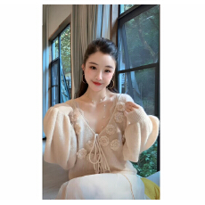 批发秋冬新款<b class='q'>手工</b>花朵 V领系带<b class='q'>毛衣</b>开衫女