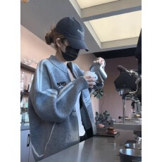 批发美式复古拉链立领开衫毛衣女秋冬慵懒风宽松外穿内搭针织外套上衣