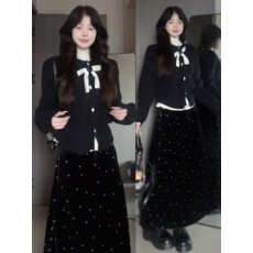 批发黑色蝴蝶结圆领麻花针织开衫外套女冬季小香风千金感修身毛衣上衣