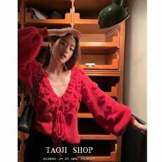 批发法式慵懒温柔风<b class='q'>手工</b>钩 花<b class='q'>毛衣</b>高腰V领针织衫上衣女