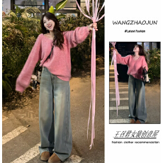 批发新款女装流行韩系穿搭慵懒 风宽松软糯毛衣<b class='q'>牛仔</b>裤两件套