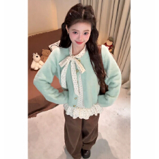 批发2025新款针织开衫叠 穿波点打底休闲<b class='q'>裤</b>三件套