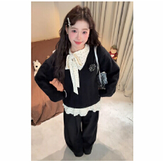 批发一整套女2025新款小香风甜美 飘带打底衫毛衣休闲<b class='q'>裤</b>三件套