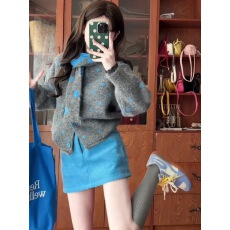 批发韩系新款设计感慵懒风宽松撞色波点软糯配围巾针织开衫毛衣两件套