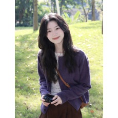 批发美式复古保暖紫色开衫毛衣女秋冬宽松显瘦慵懒松弛感休闲针织衫潮