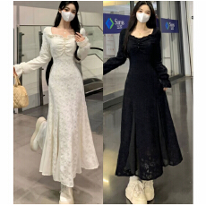 批发秋冬新款方领褶皱显瘦蕾丝长 裙气质鱼尾炸街连衣裙女