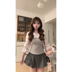 批发温柔风拼接假两件娃娃领衬 衫女秋冬穿搭高腰半身裙短裙