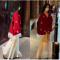 批发年新款百搭拼接蕾丝针织上衣高腰半身裙<b class='q'>两件套</b>