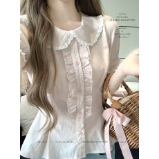 批发THETURE3.29 20点 限时会员折扣乖甜日记 棉质<b class='q'>娃娃领</b>收腰<b class='q'>衬衫</b>