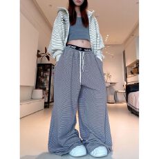 批发【原版300克德莱绒】星星刺绣<b class='q'>条纹</b>阔腿休闲<b class='q'>裤</b>女垂感慵懒拖地<b class='q'>裤</b>