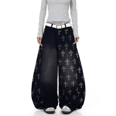 原版质量十字架印花弯刀牛仔裤女新款潮牌高街阔腿拖地长裤子