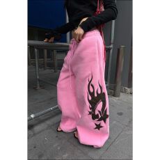 批发【原版420克羊羔绒复合】设计感火焰刺绣贴布抽绳阔腿<b class='q'>男</b>女长裤