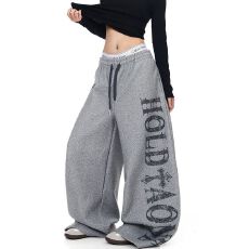 原版加厚毛呢字母印花松紧腰休闲阔腿裤女秋冬宽松休闲弯刀裤