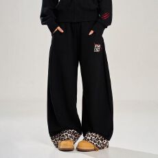 批发【华棉复合】魔豹拼接纹贴布美式复古<b class='q'>男</b>女<b class='q'>运动</b>裤阔腿宽松休闲裤