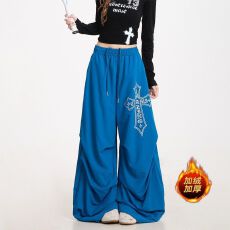 批发加绒美式复古十字架皱褶阔腿裤女冬季宽松百搭拖地<b class='q'>休闲裤</b>子