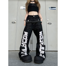 原版质量美式街头字母印花弯刀牛仔裤宽松复古结构阔腿裤子