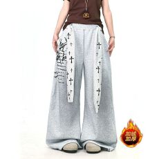 批发【纯棉复绒腰带可拆】美式复古十字架绑带做旧弯刀男女加绒阔腿裤