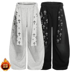 批发【纯棉复绒腰带可拆】美式复古十字架绑带做旧弯刀男女加绒阔腿裤