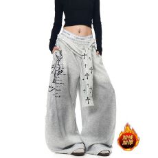 批发【纯棉复绒腰带可拆】美式复古十字架绑带做旧弯刀男女加绒阔腿裤