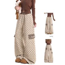 批发【原版布料】冬季羊羔毛棉裤条纹五角星贴布绣宽松保暖毛绒阔腿裤