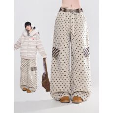 批发【原版布料】冬季羊羔毛棉裤条纹五角星贴布绣宽松保暖毛绒阔腿裤